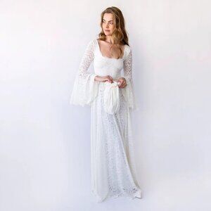 Bohemian Ivory Chic Square Neck & Ethereal Bell Sleeves: Lace Bridal Gown